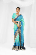 <img> Aqua Blue Ombre Printed Bandhani Silk Saree With Embroidery Border