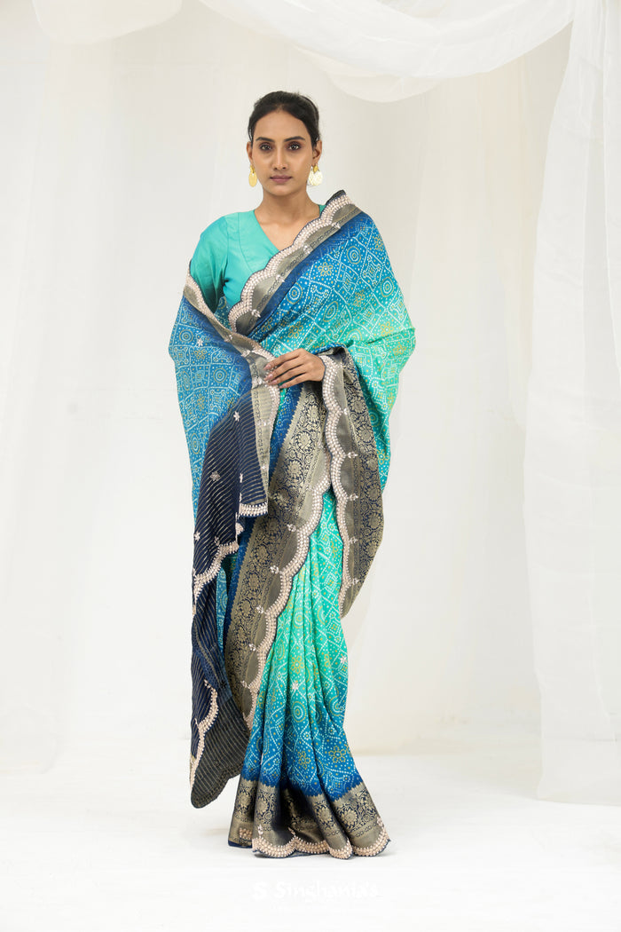 <img> Aqua Blue Ombre Printed Bandhani Silk Saree With Embroidery Border