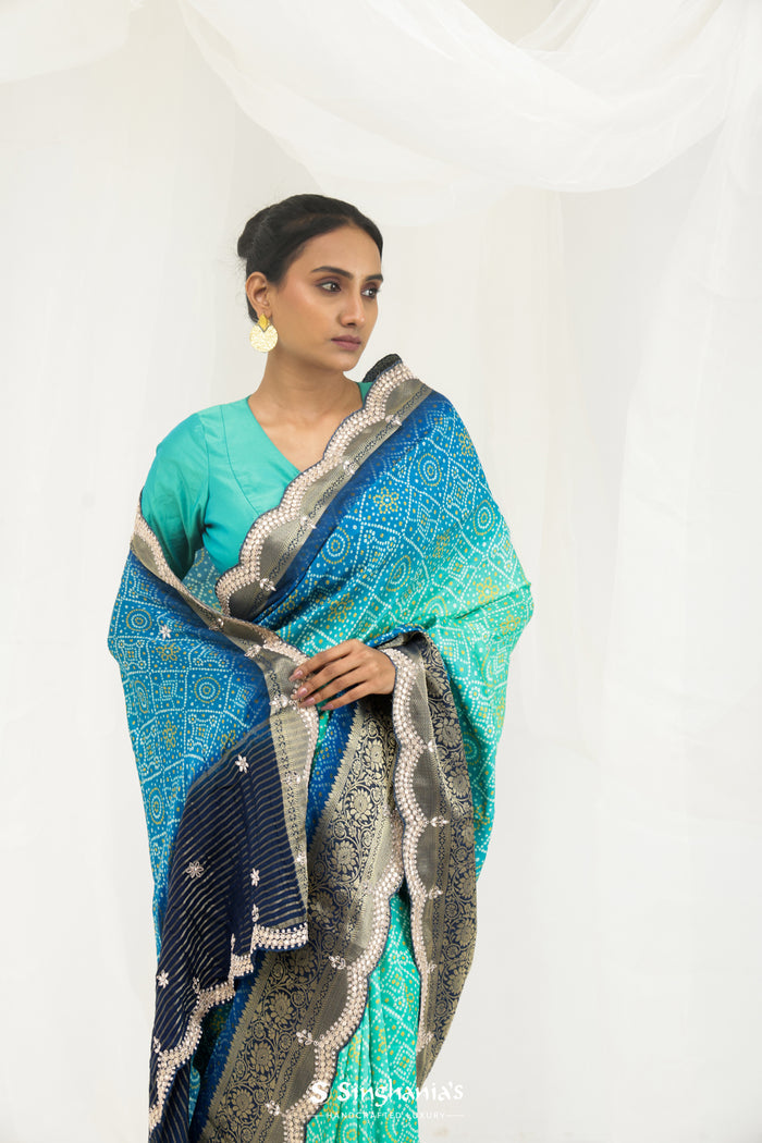 <img> Aqua Blue Ombre Printed Bandhani Silk Saree With Embroidery Border