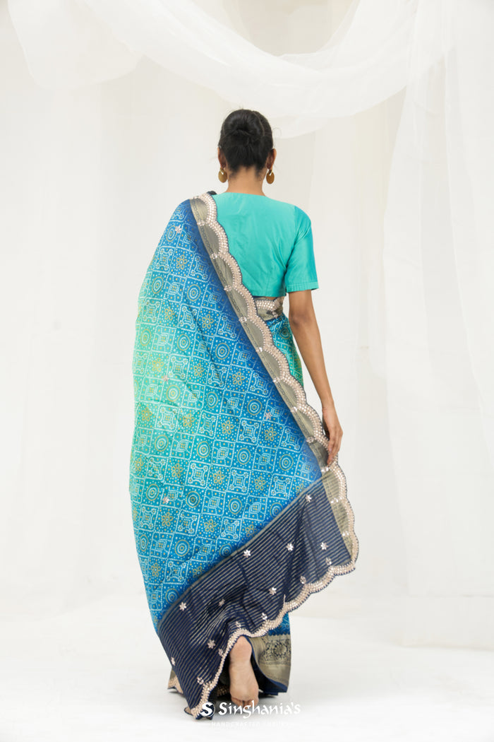 <img> Aqua Blue Ombre Printed Bandhani Silk Saree With Embroidery Border