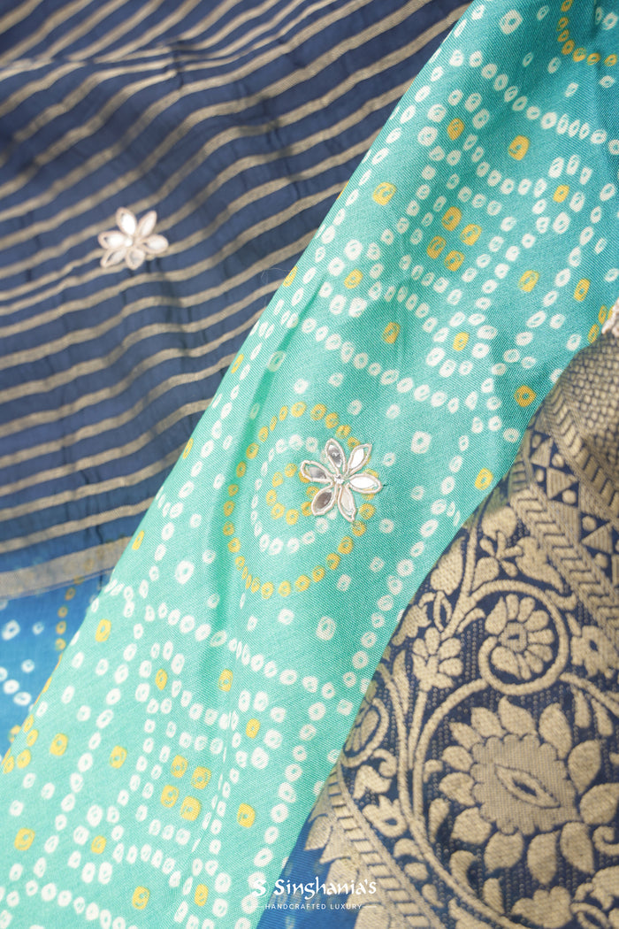 <img> Aqua Blue Ombre Printed Bandhani Silk Saree With Embroidery Border