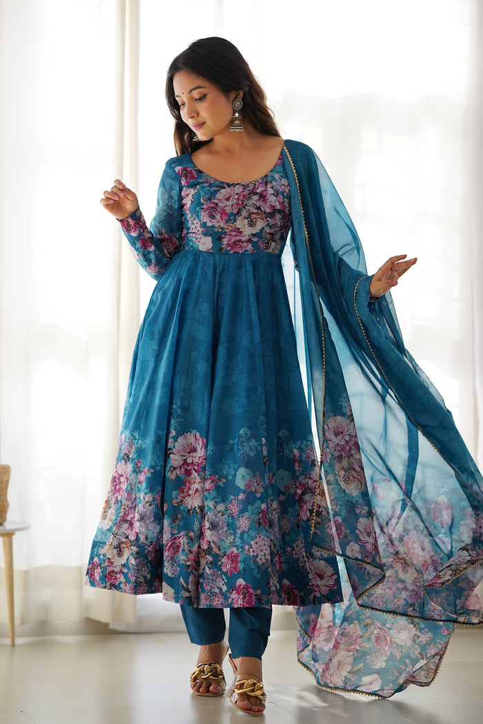 Aqua Blue Organza Floral Printed Anarkali Set