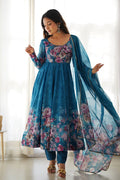 Aqua Blue Organza Floral Printed Anarkali Set