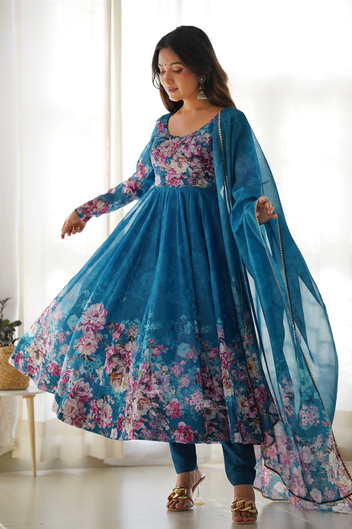 Aqua Blue Organza Floral Printed Anarkali Set