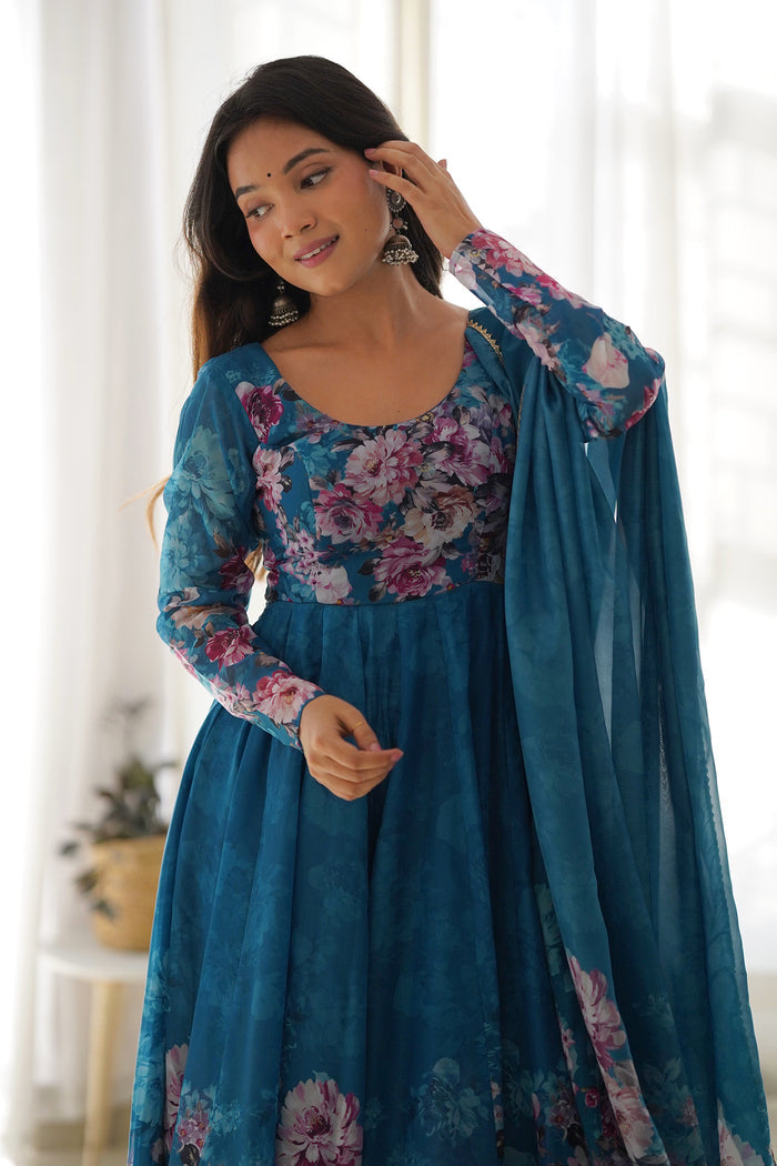 Aqua Blue Organza Floral Printed Anarkali Set