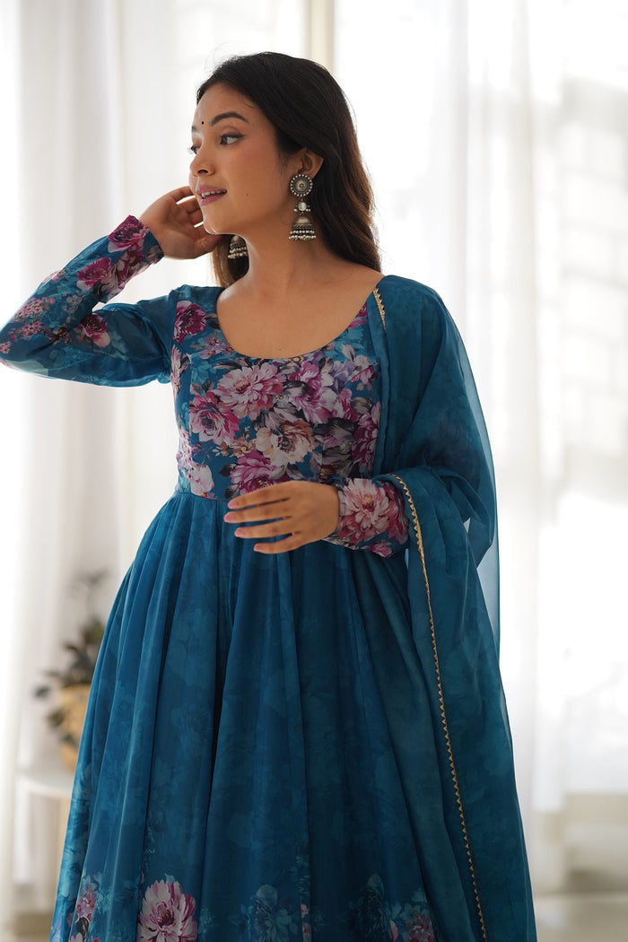 Aqua Blue Organza Floral Printed Anarkali Set