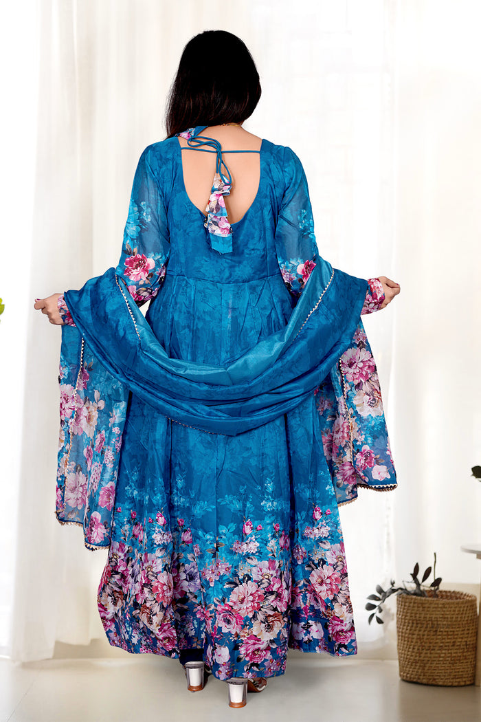 Aqua Blue Organza Floral Printed Anarkali Set
