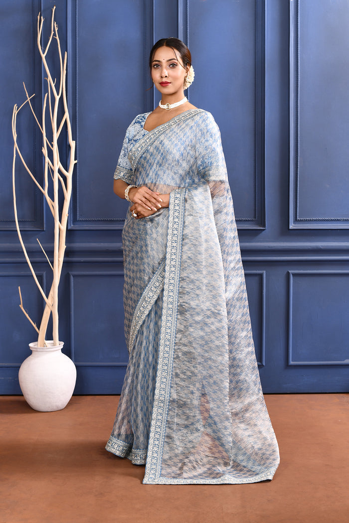 Aqua Blue Printed Tissue Saree