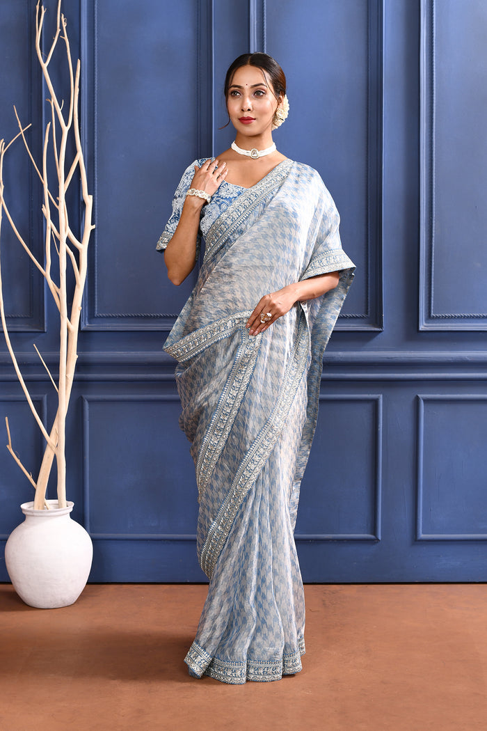 Aqua Blue Printed Tissue Saree