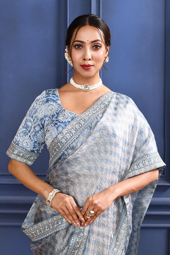 Aqua Blue Printed Tissue Saree