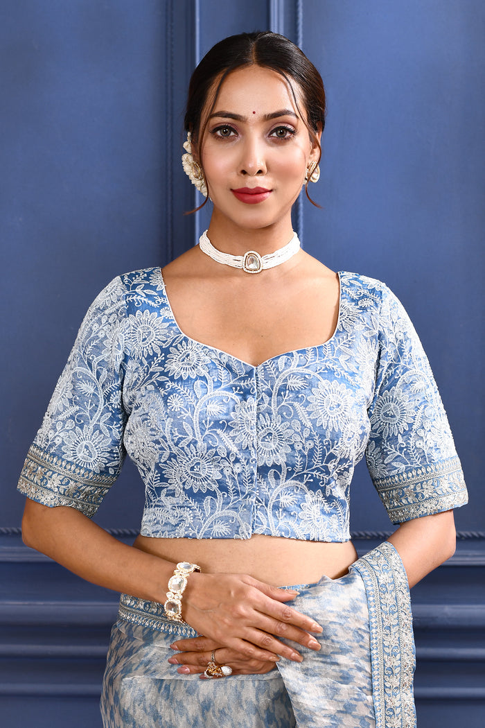 Aqua Blue Printed Tissue Saree