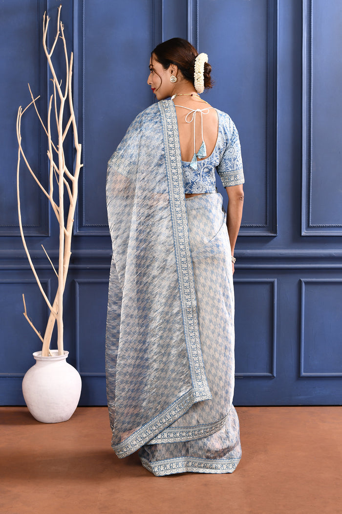 Aqua Blue Printed Tissue Saree