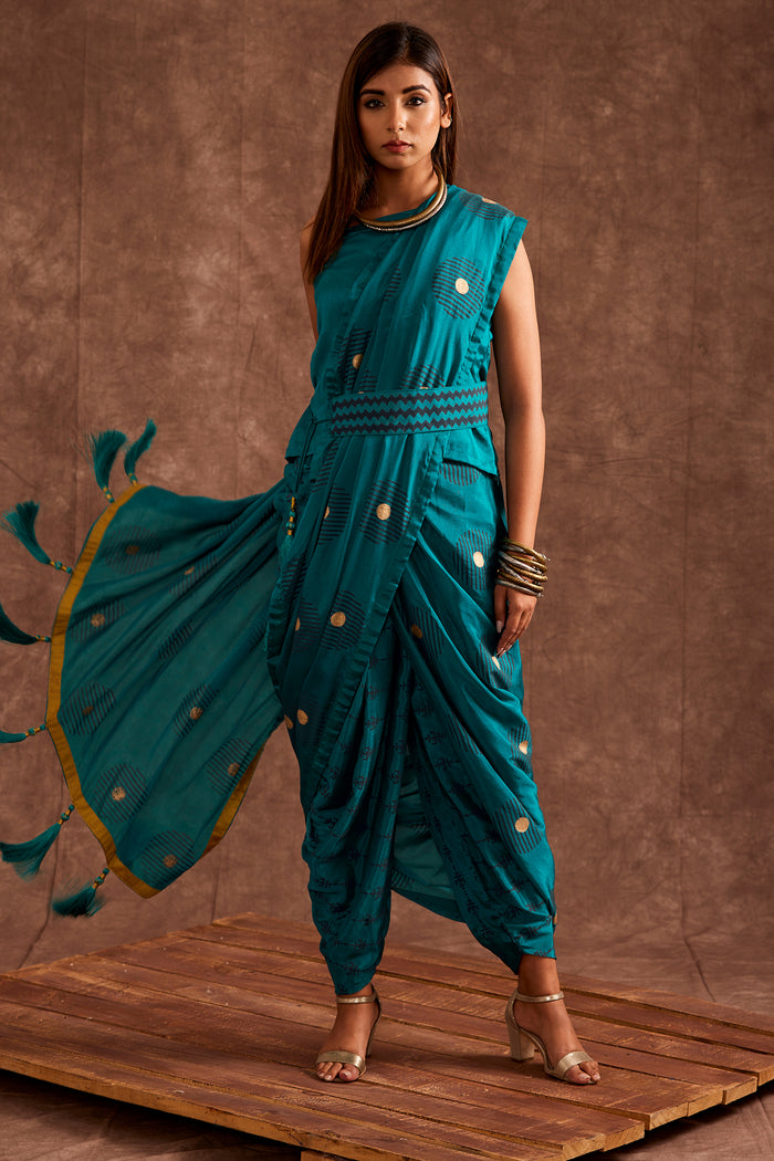 Aqua Blue Pure Chinon Drape Saree