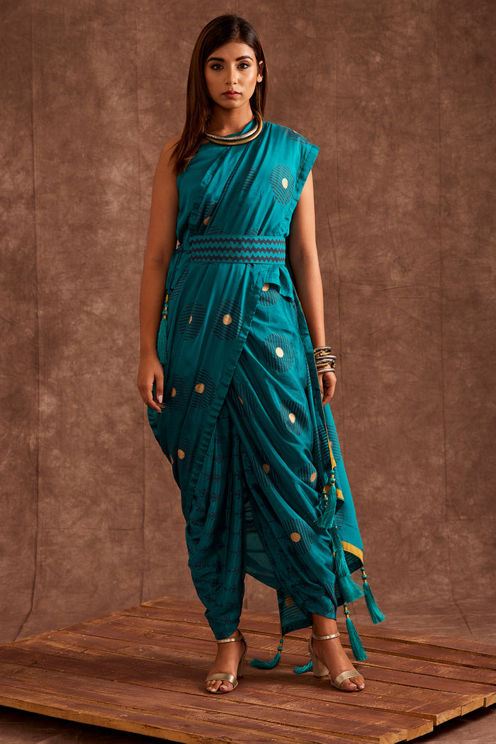 Aqua Blue Pure Chinon Drape Saree
