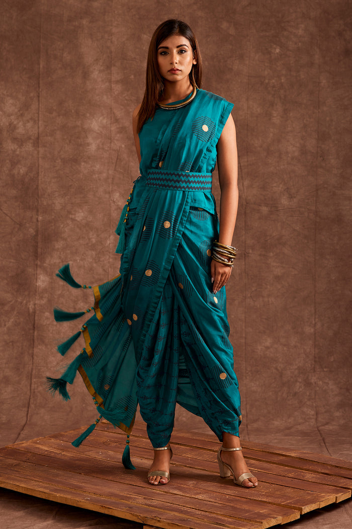 Aqua Blue Pure Chinon Drape Saree