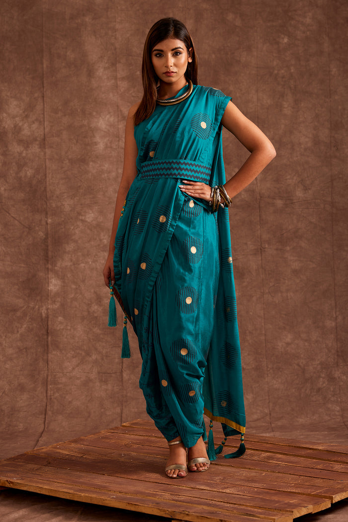 Aqua Blue Pure Chinon Drape Saree
