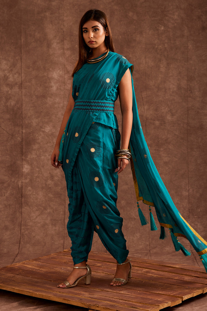 Aqua Blue Pure Chinon Drape Saree