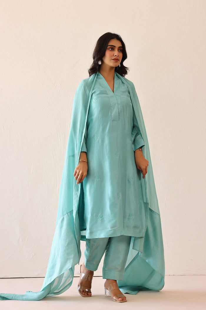 Aqua Blue Russian Silk Subtle Embroidered Kurti Set
