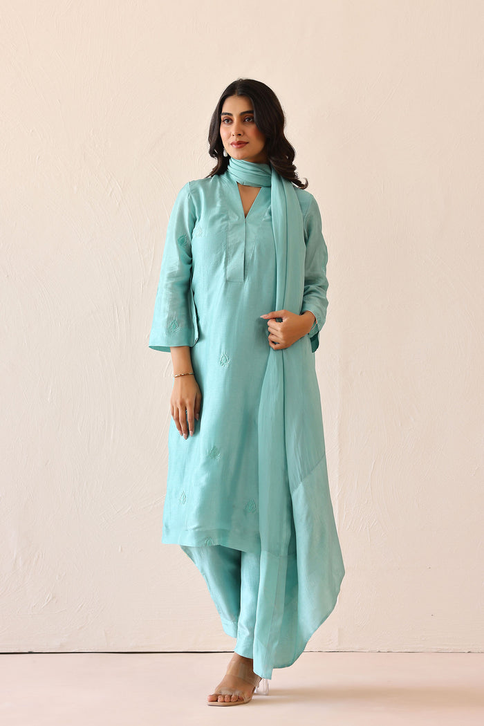 Aqua Blue Russian Silk Subtle Embroidered Kurti Set