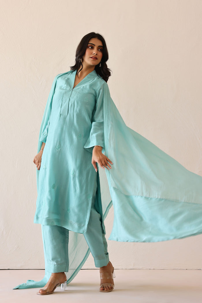 Aqua Blue Russian Silk Subtle Embroidered Kurti Set