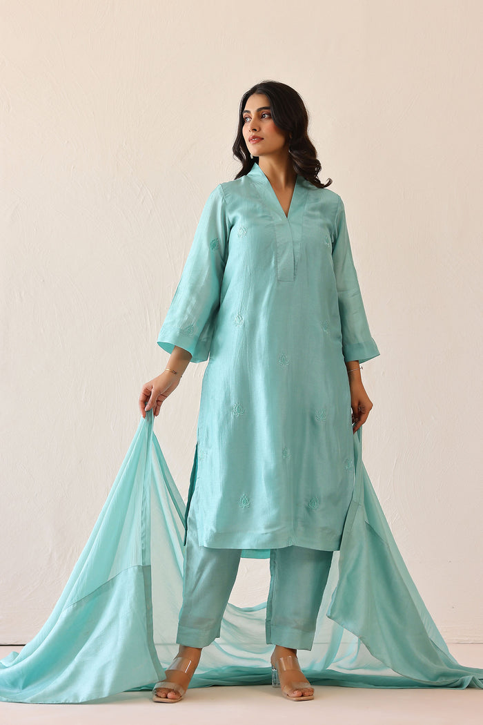 Aqua Blue Russian Silk Subtle Embroidered Kurti Set