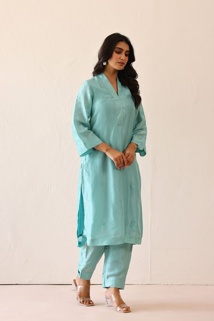 Aqua Blue Russian Silk Subtle Embroidered Kurti Set