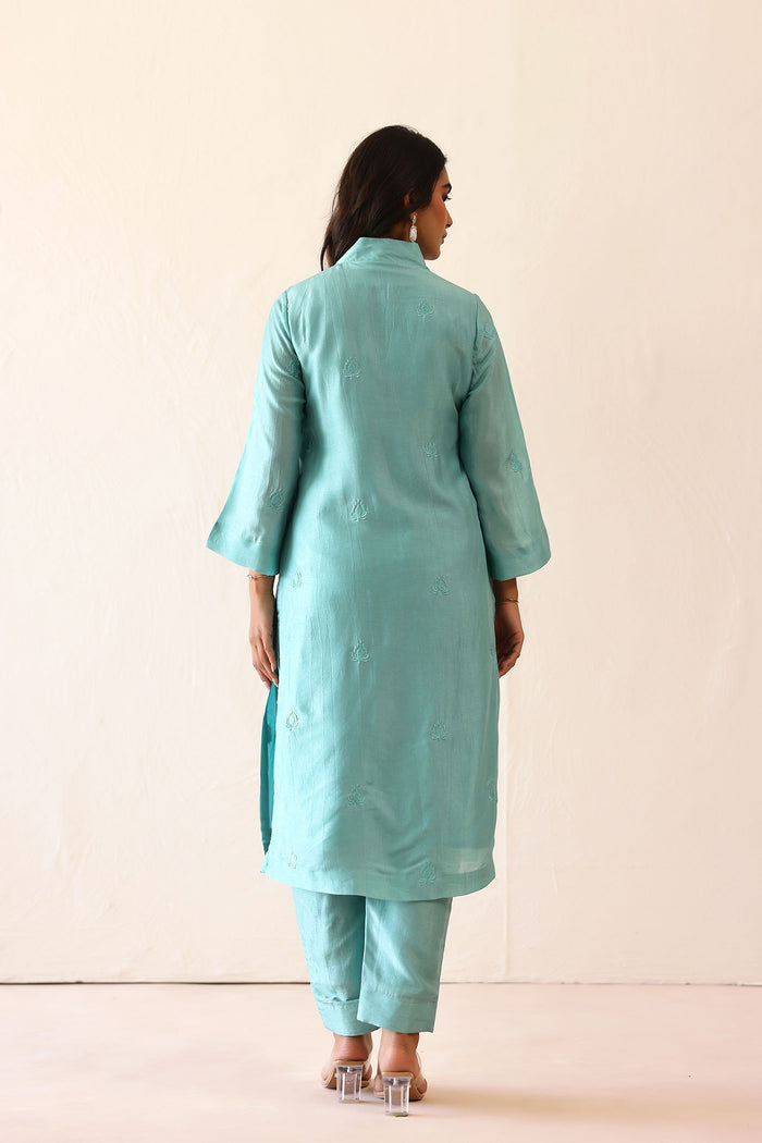 Aqua Blue Russian Silk Subtle Embroidered Kurti Set