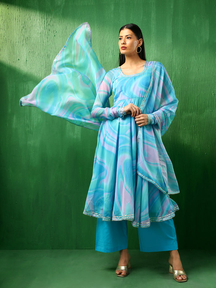 Aqua Marble Printed Georgette Anarkali Set With Tiered Hem