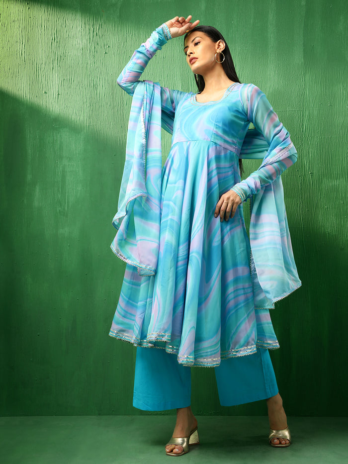 Aqua Marble Printed Georgette Anarkali Set With Tiered Hem