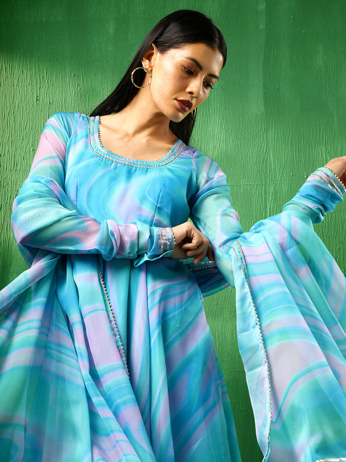 Aqua Marble Printed Georgette Anarkali Set With Tiered Hem