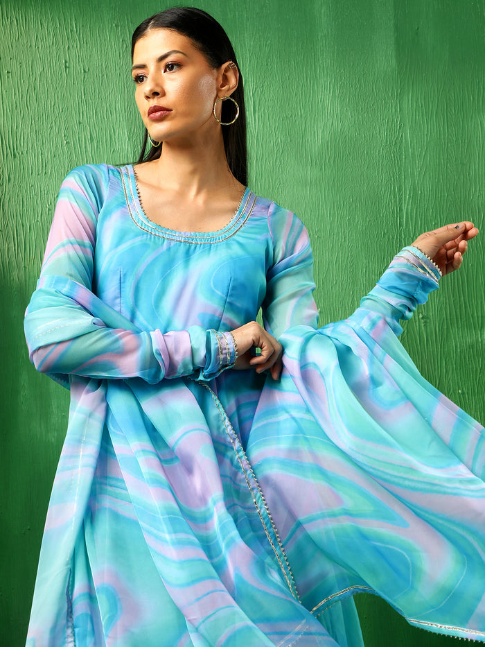 Aqua Marble Printed Georgette Anarkali Set With Tiered Hem