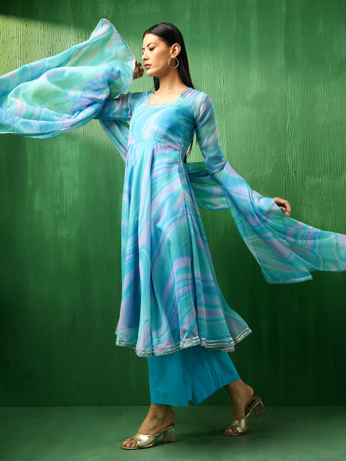 Aqua Marble Printed Georgette Anarkali Set With Tiered Hem