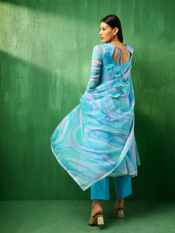 Aqua Marble Printed Georgette Anarkali Set With Tiered Hem