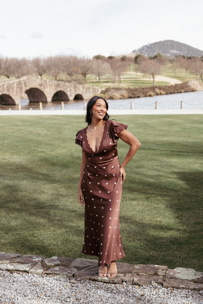 Petal and Pup USA DRESSES Arella Maxi Dress - Brown Polka Dot