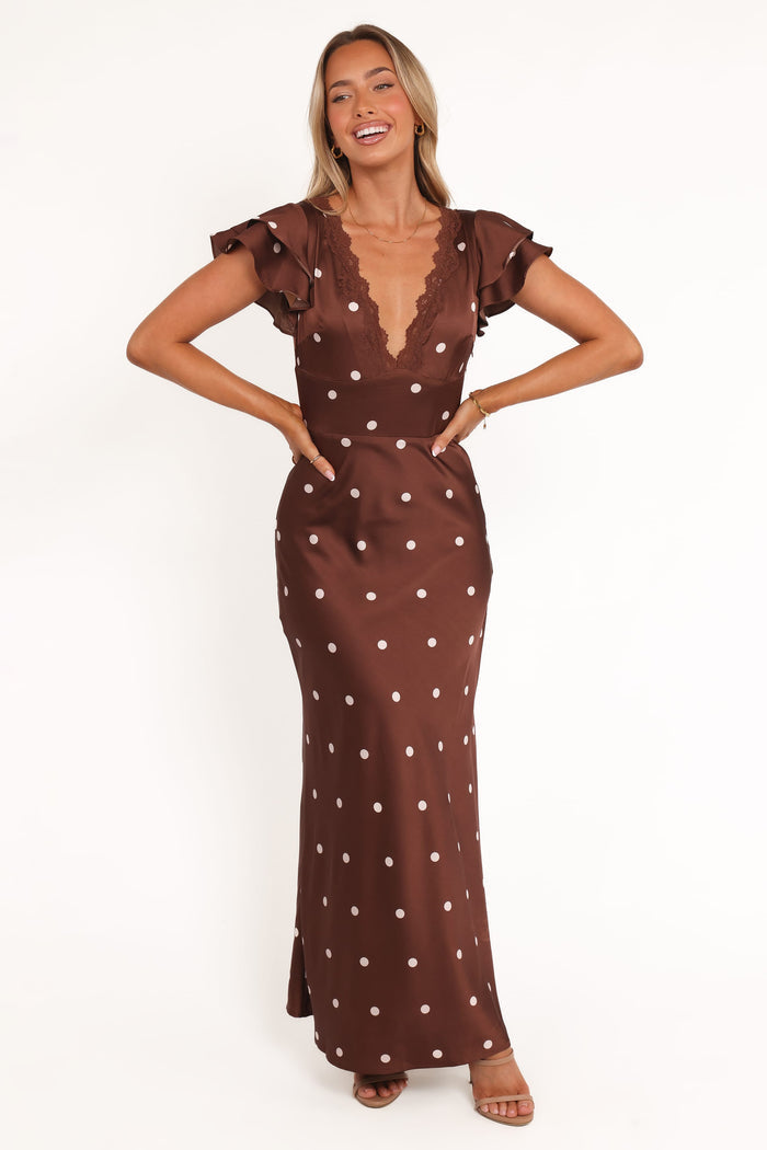 Petal and Pup USA DRESSES Arella Maxi Dress - Brown Polka Dot