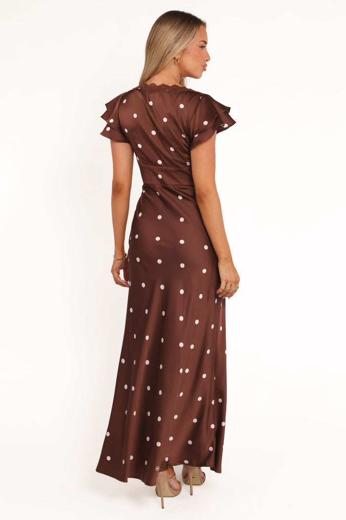 Petal and Pup USA DRESSES Arella Maxi Dress - Brown Polka Dot