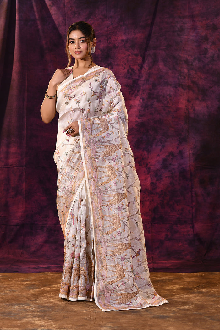 Artistic Cream With Fish And Floral Motifs Chanderi Saree