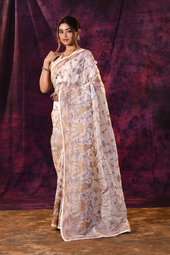 Artistic Cream With Fish And Floral Motifs Chanderi Saree