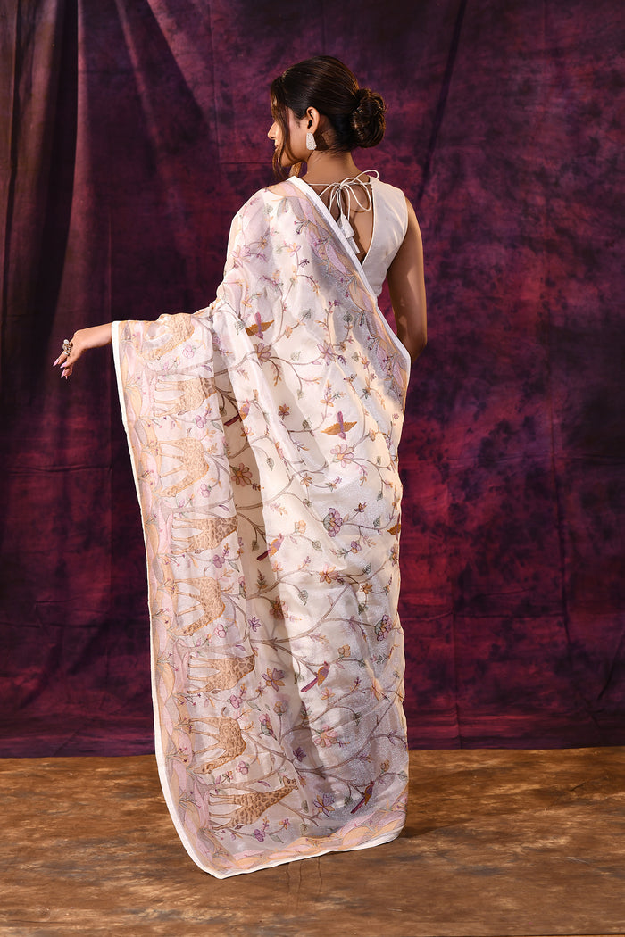 Artistic Cream With Fish And Floral Motifs Chanderi Saree