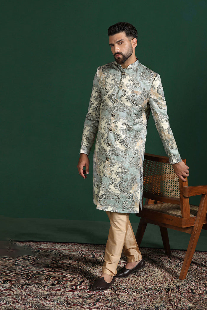 Ash Grey And Cream Cotton Blend Printed Sherwani Set
