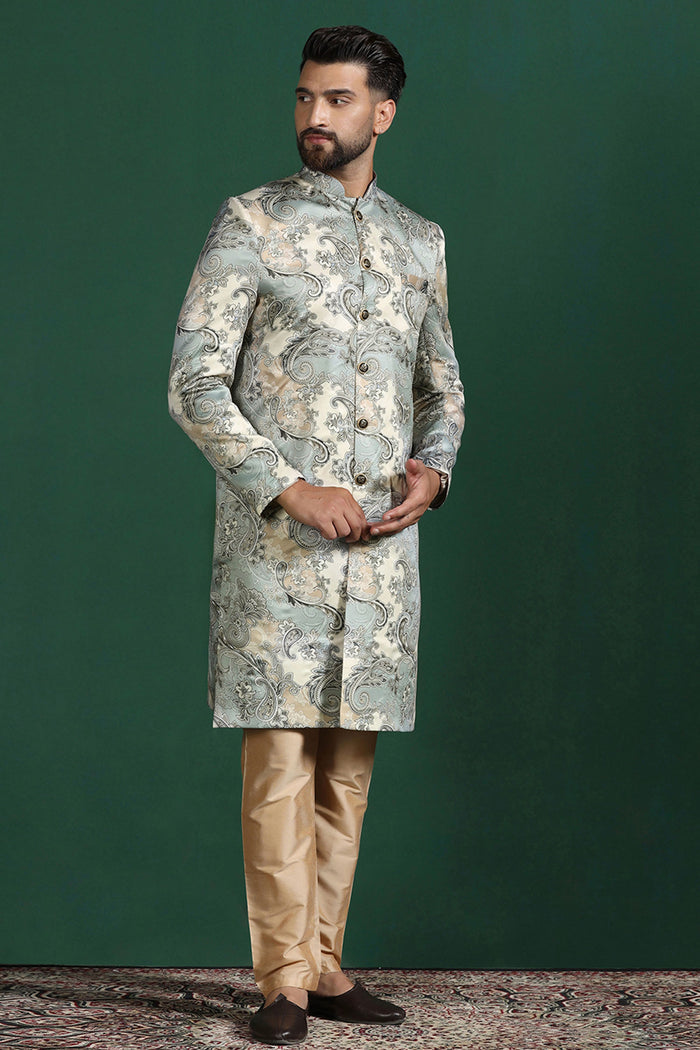 Ash Grey And Cream Cotton Blend Printed Sherwani Set