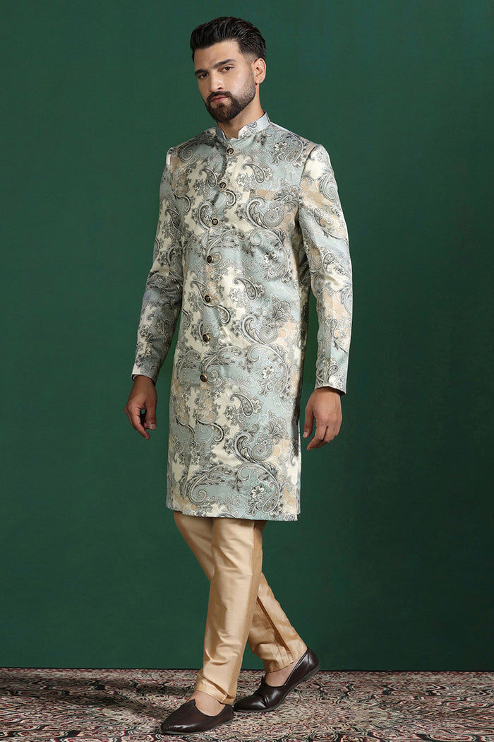 Ash Grey And Cream Cotton Blend Printed Sherwani Set