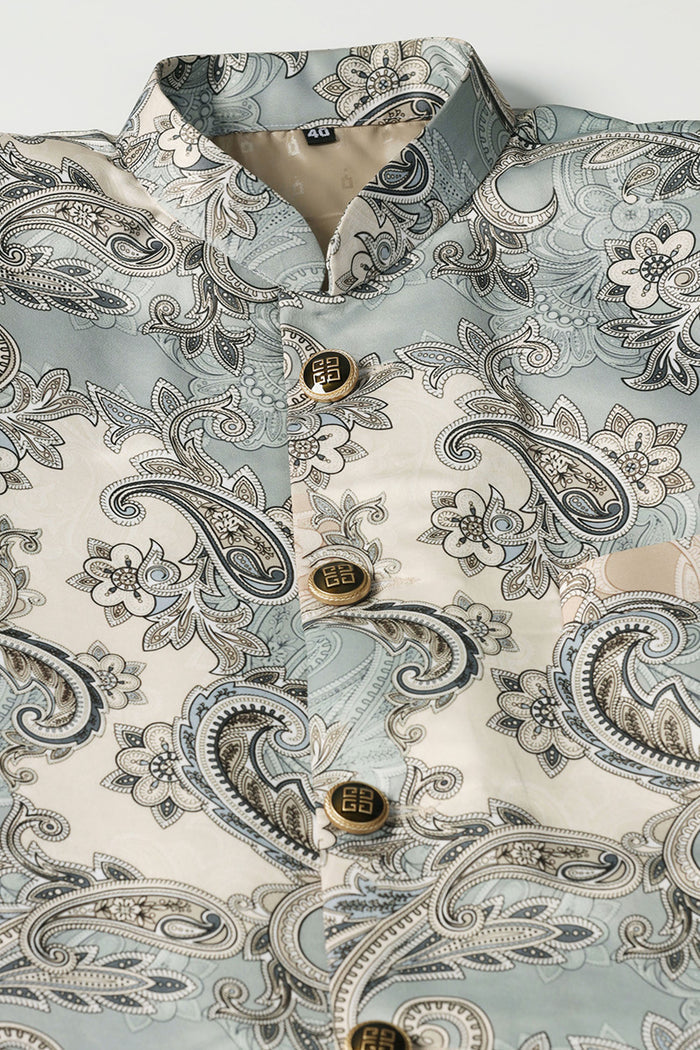 Ash Grey And Cream Cotton Blend Printed Sherwani Set