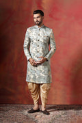 Ash Grey And Cream Printed Cotton Blend Sherwani Set