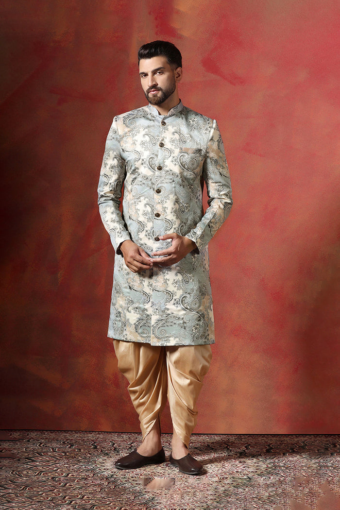 Ash Grey And Cream Printed Cotton Blend Sherwani Set