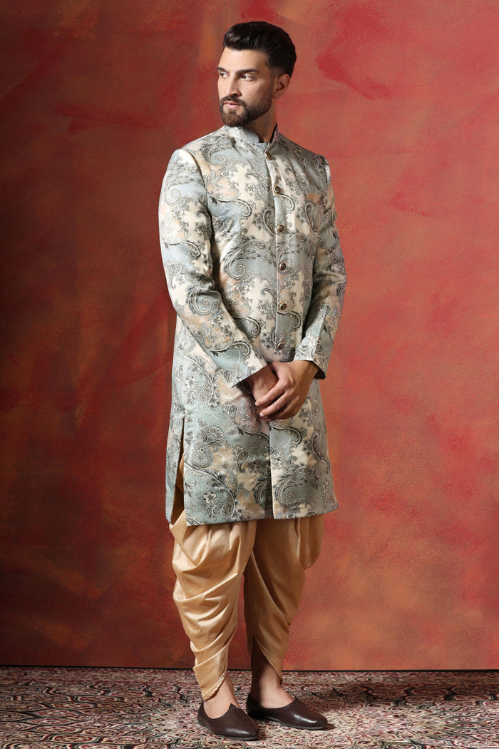 Ash Grey And Cream Printed Cotton Blend Sherwani Set