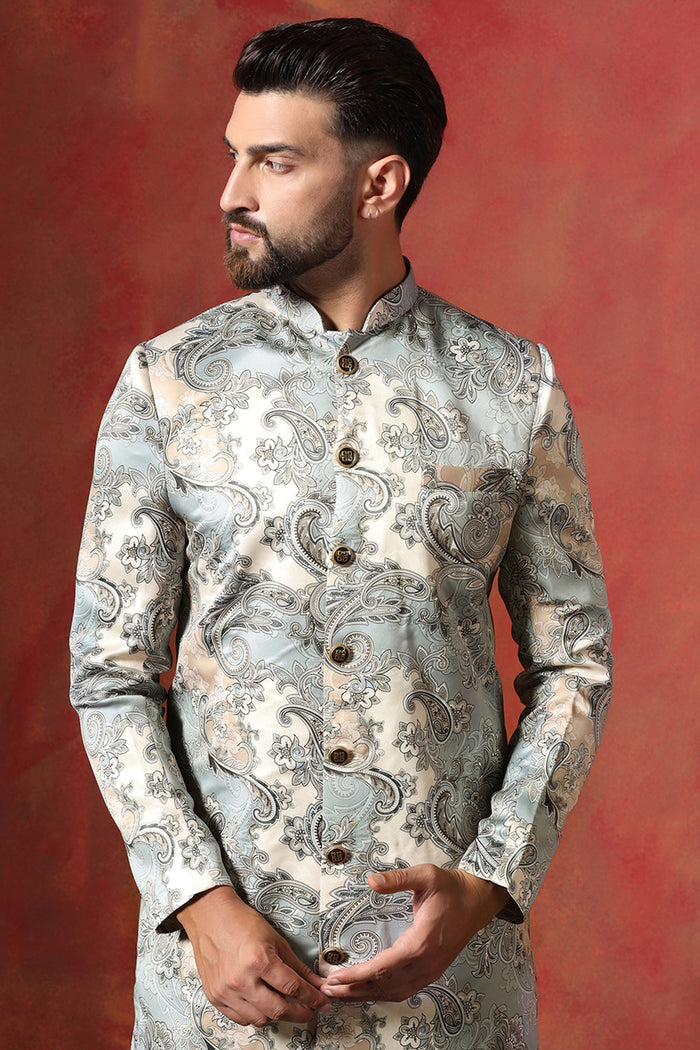 Ash Grey And Cream Printed Cotton Blend Sherwani Set