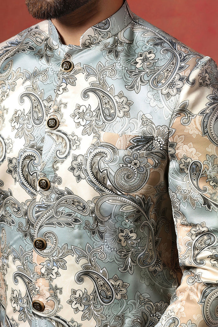 Ash Grey And Cream Printed Cotton Blend Sherwani Set