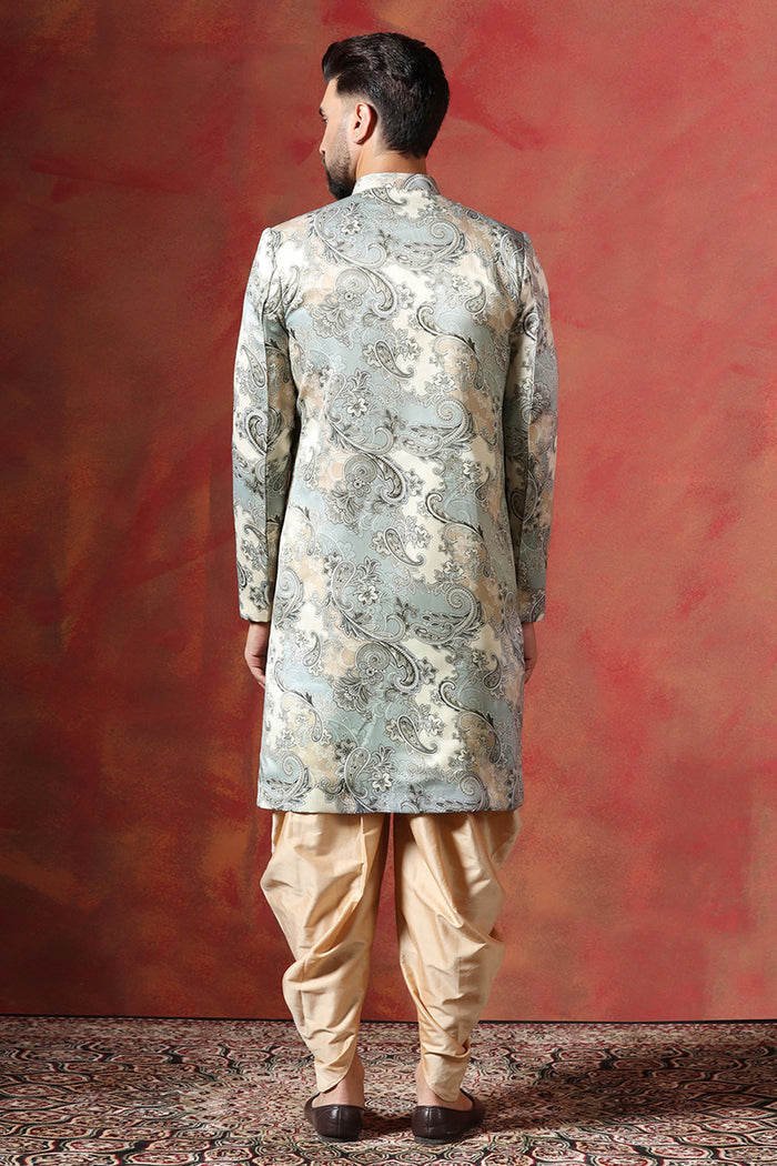 Ash Grey And Cream Printed Cotton Blend Sherwani Set