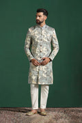 Ash Grey And White Cotton Blend Printed Sherwani Set